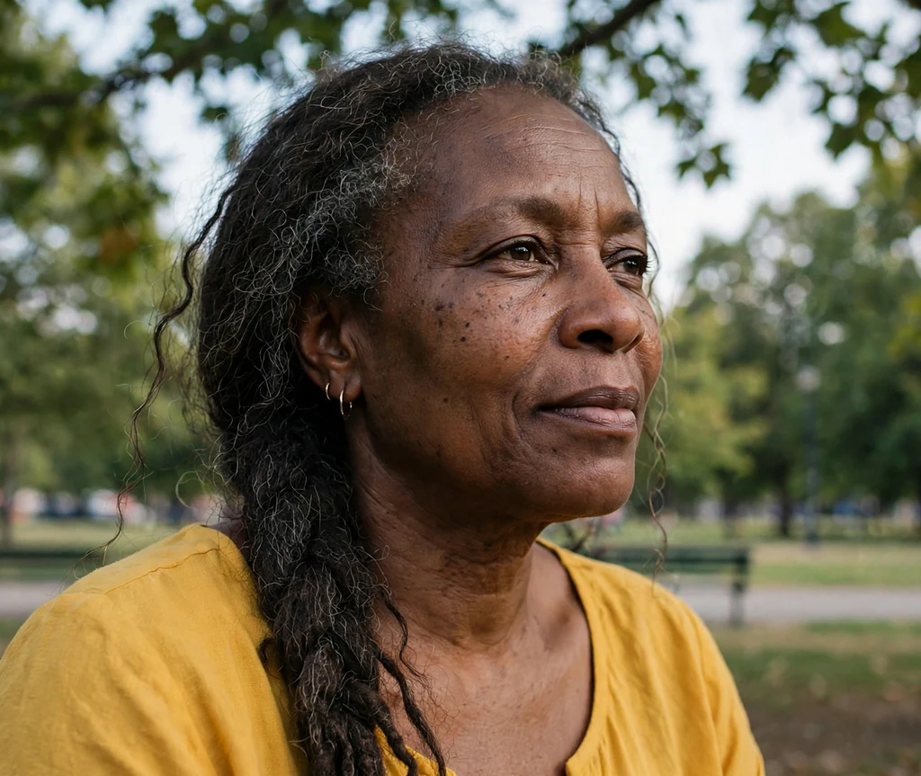 Black woman in her late fifties with a long loose side braid over one shoulder in a park