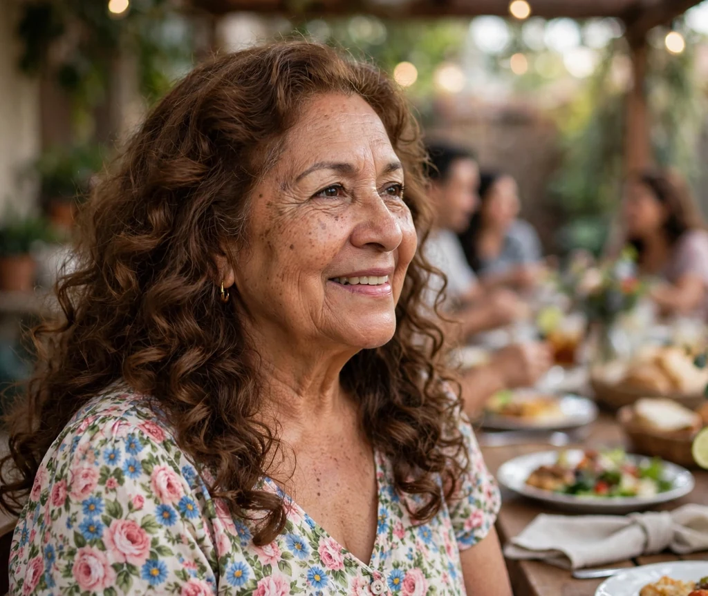 Latina woman in her mid sixties with long soft spiral curls in chestnut hair at a family gathering