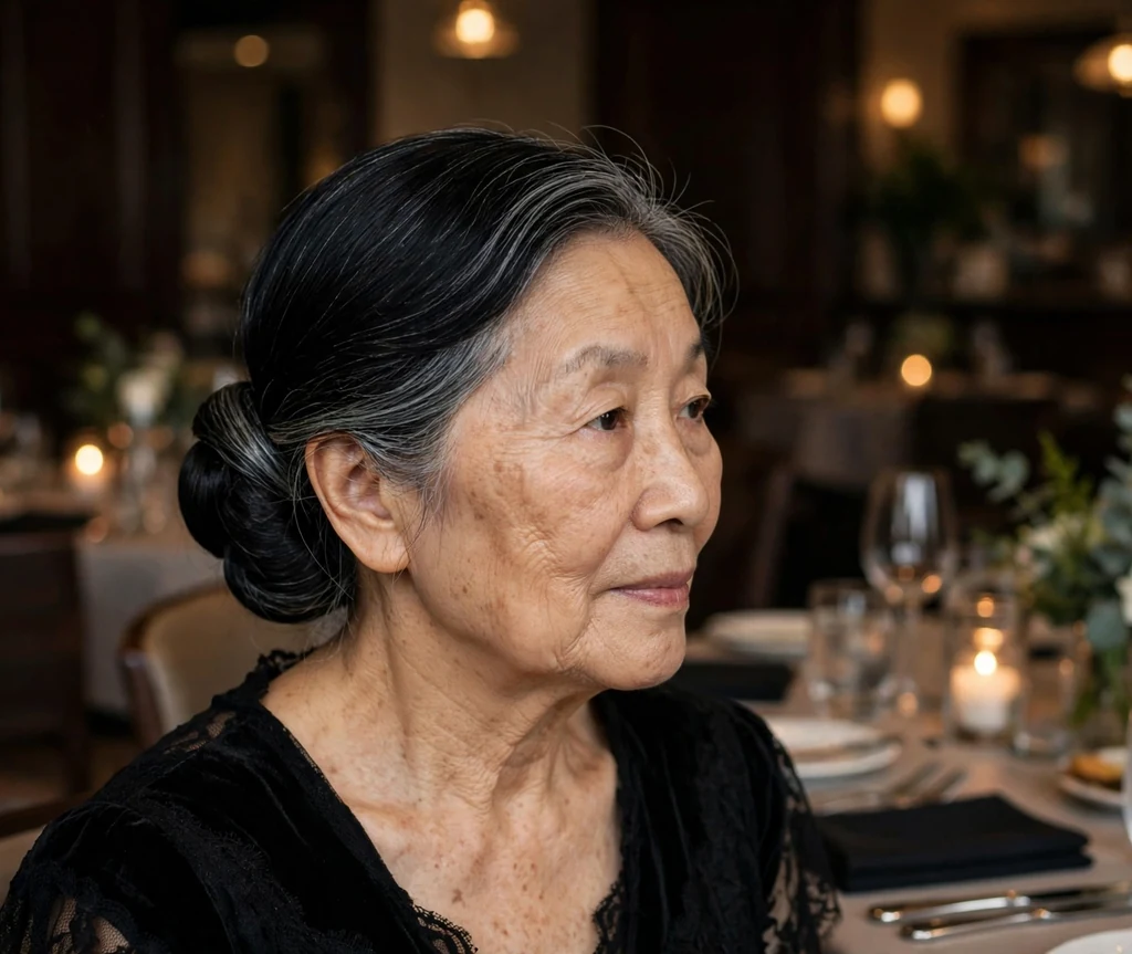 East Asian woman in her late sixties with a classic low chignon hairstyle at a formal dinner