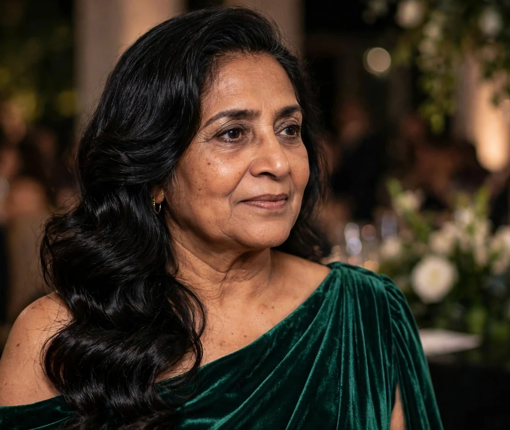 South Asian woman in her late fifties with long waves swept dramatically to one side at an evening event