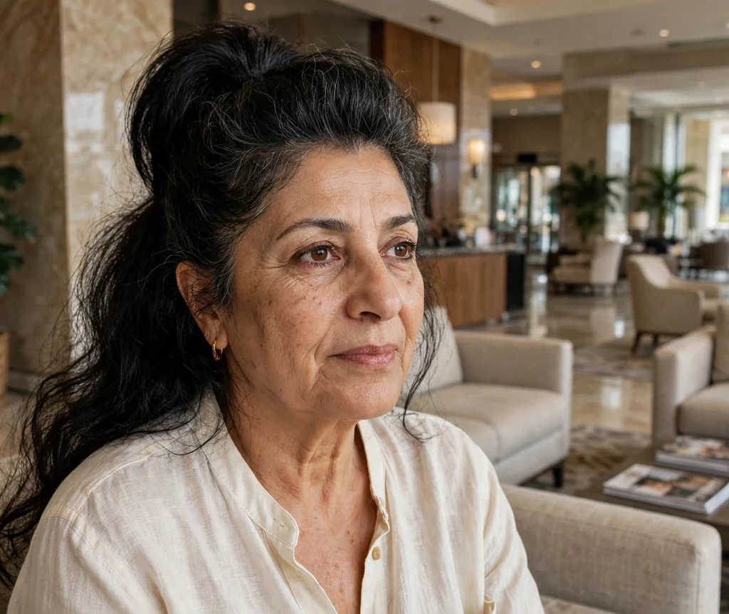 Middle Eastern woman in her mid fifties with a voluminous long ponytail with lifted crown in a hotel lobby