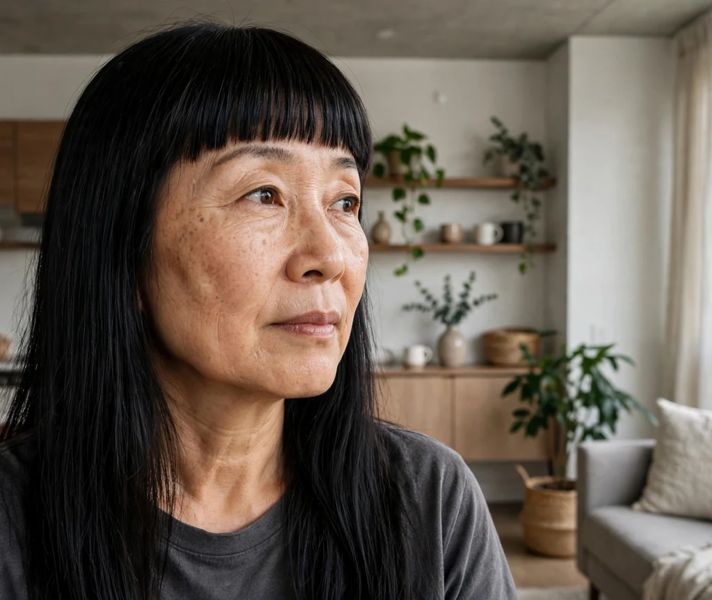 East Asian woman in her early fifties with long straight hair and a blunt full fringe in a modern apartment