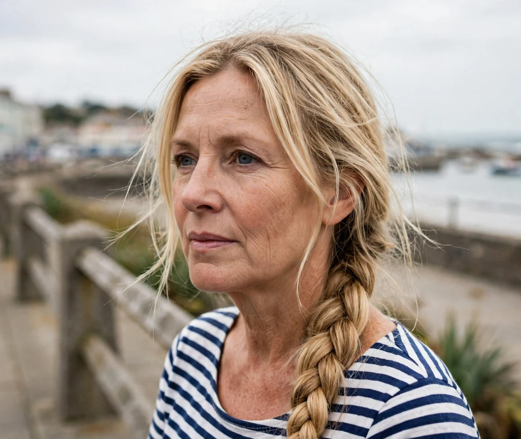 White woman in her mid fifties with a loose long fishtail braid in blonde hair at a seaside promenade