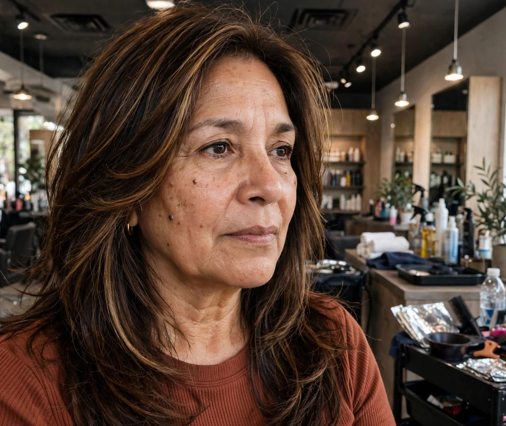 Latina woman in her late fifties with long layered hair and caramel face-framing highlights in a salon