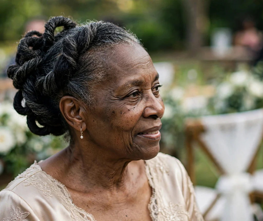 Black woman in her early sixties with an elegant twisted long updo hairstyle at a wedding