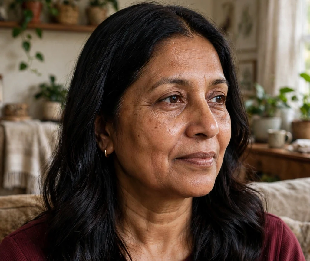 South Asian woman in her mid fifties with middle-parted long waves in dark glossy hair at home