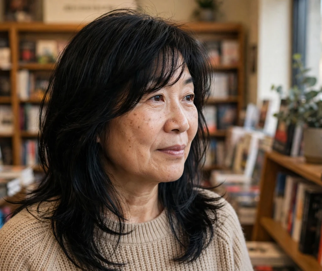 East Asian woman in her mid fifties with long layered hair and side-swept bangs in a bookstore