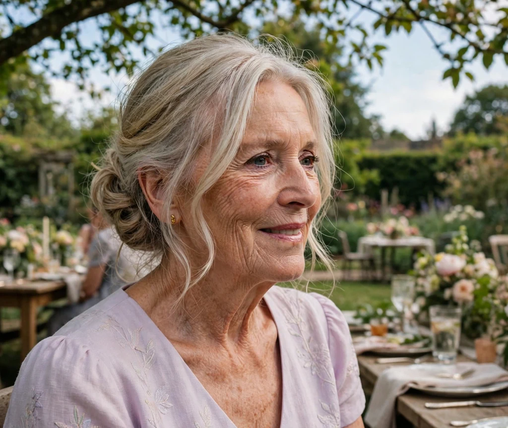 White woman in her late sixties with a romantic low updo with soft tendrils at a garden party