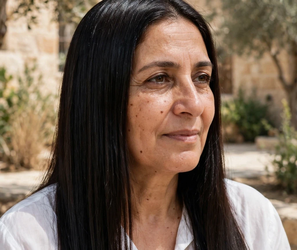 Middle Eastern woman in her early fifties with glossy straight long dark hair with mirror shine outdoors