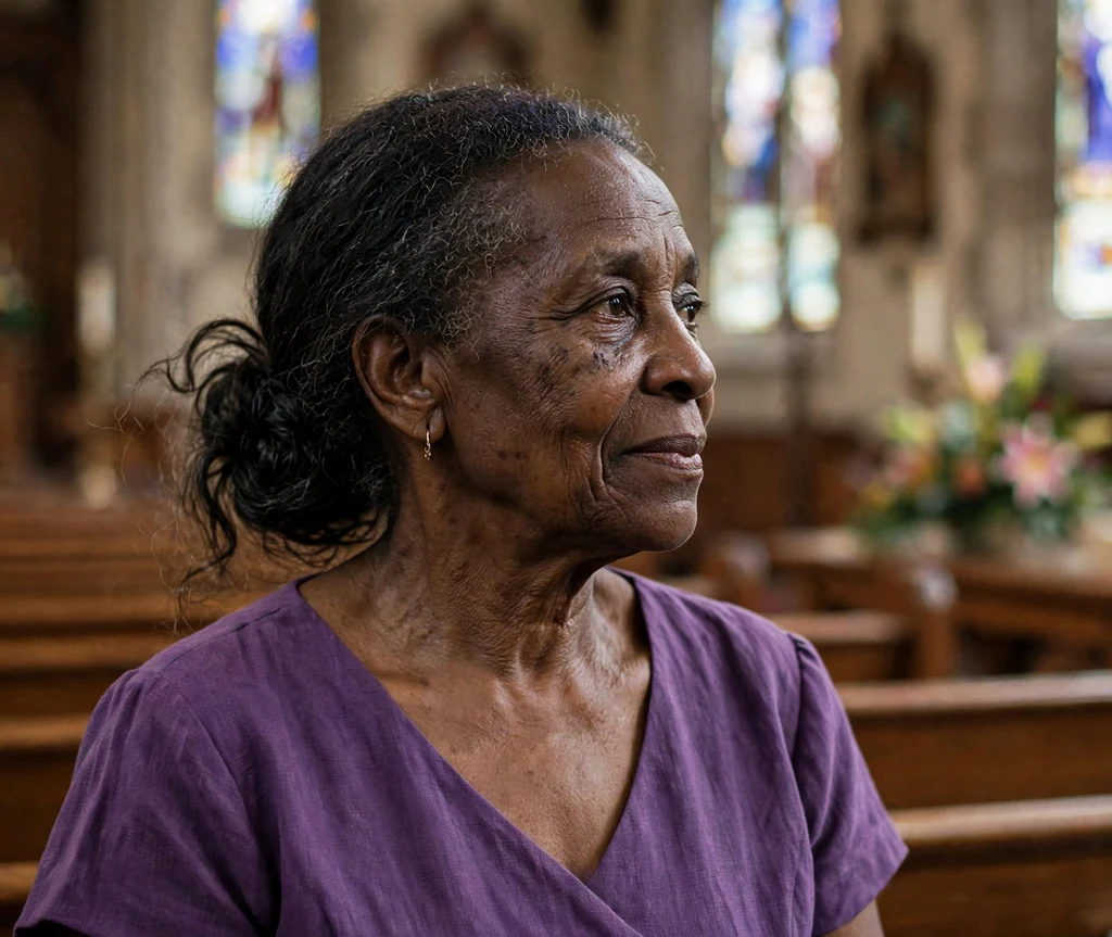 Black woman in her mid sixties with a long loose low bun with elegant drape in a church