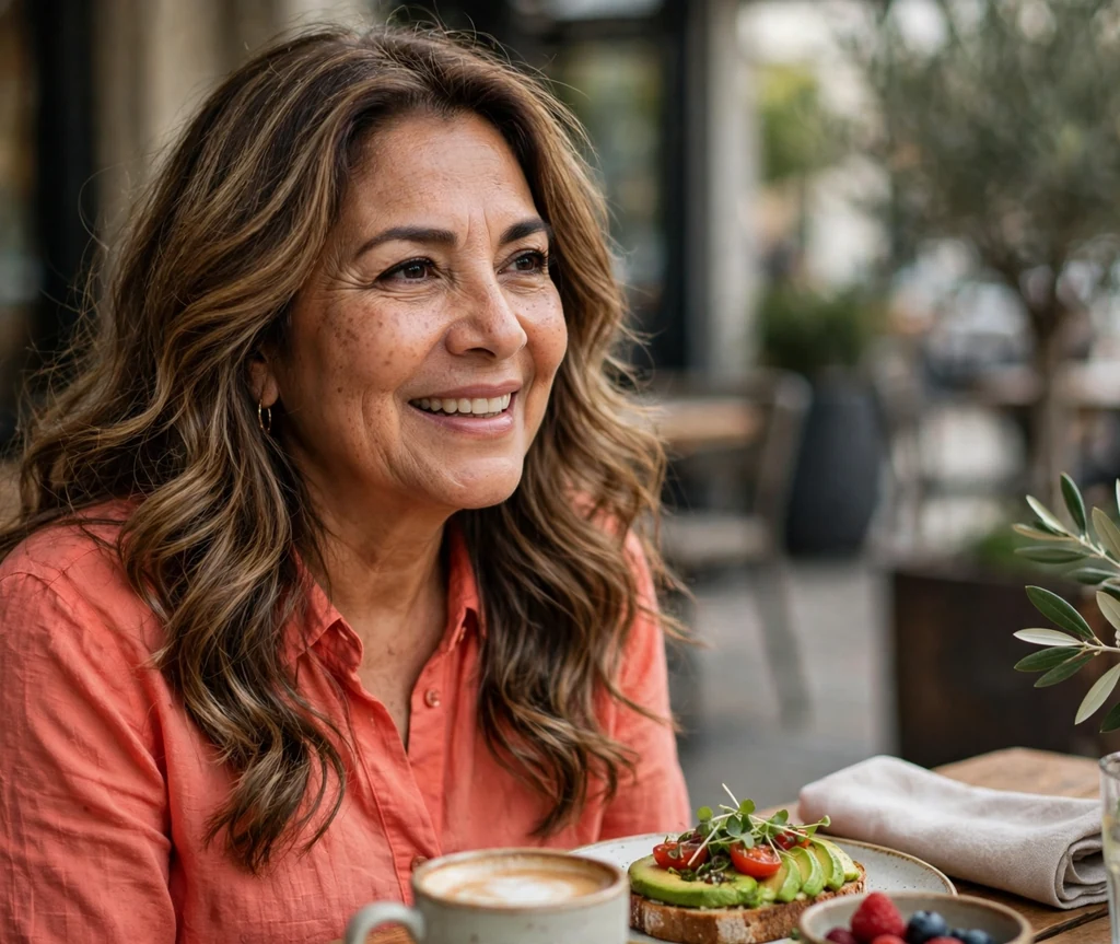 Latina woman in her early fifties with long hair with soft body waves and volume at a brunch