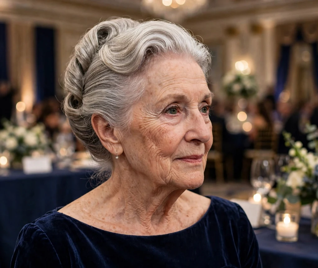 White woman in her early seventies with a classic French twist hairstyle at a charity gala