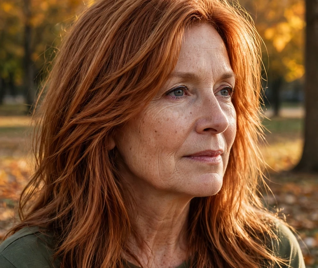 White woman in her mid fifties with long layered hair in warm copper tones in autumn light