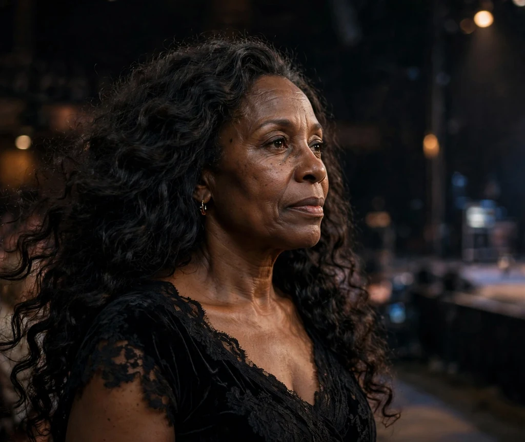 Black woman in her late fifties with long side-swept curls cascading over one shoulder at a concert