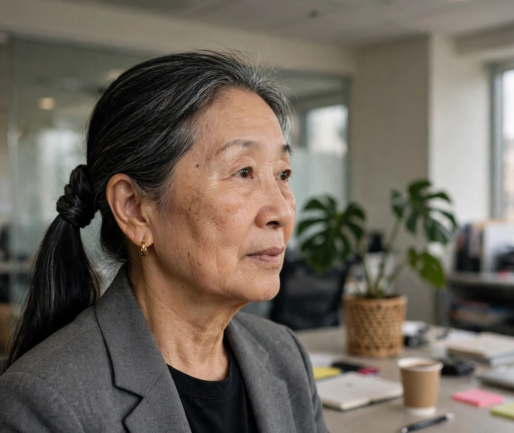 East Asian woman in her early sixties with a long low ponytail wrapped with a strand of hair in an office