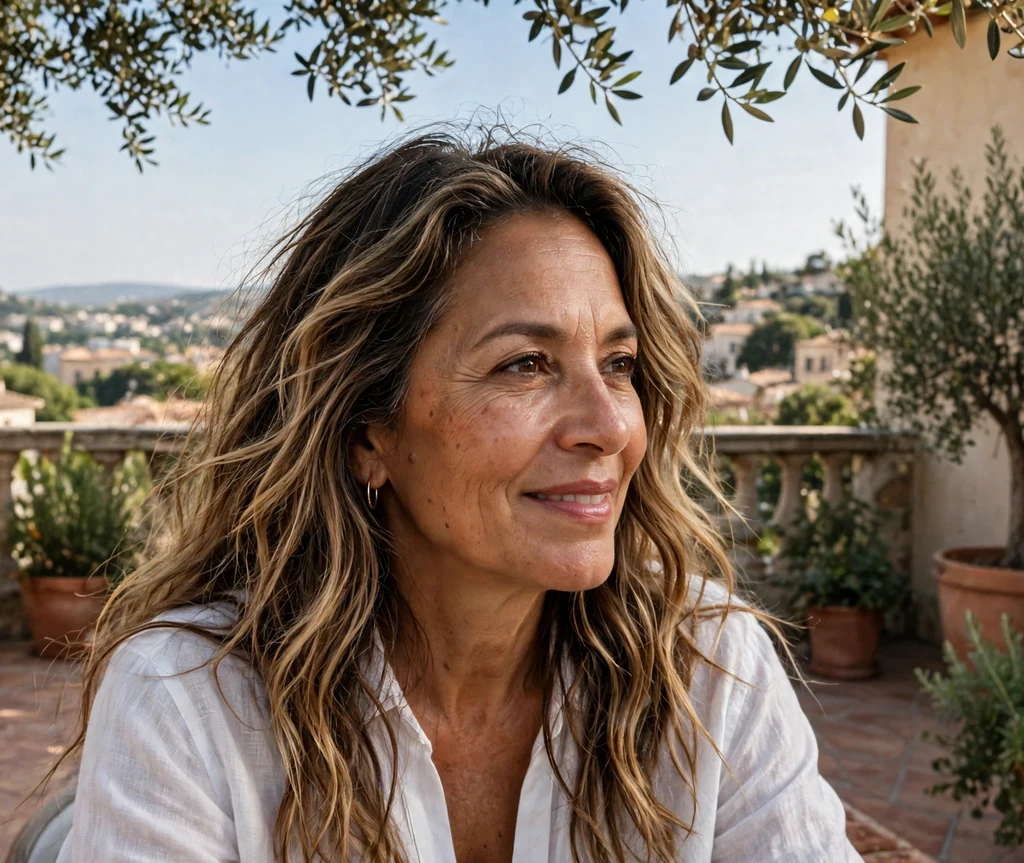 Latina woman in her mid fifties with long beachy waves with sunlit texture on a terrace
