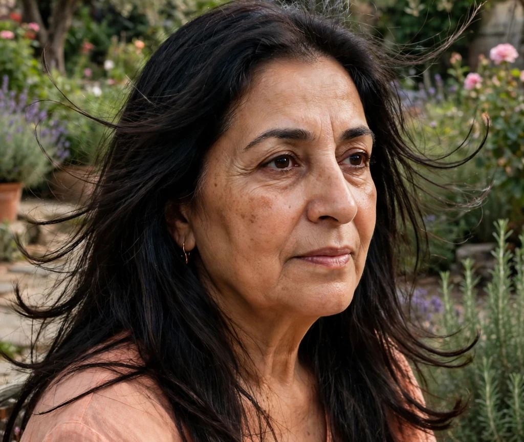 Middle Eastern woman in her late fifties with long hair with softly feathered ends in a garden