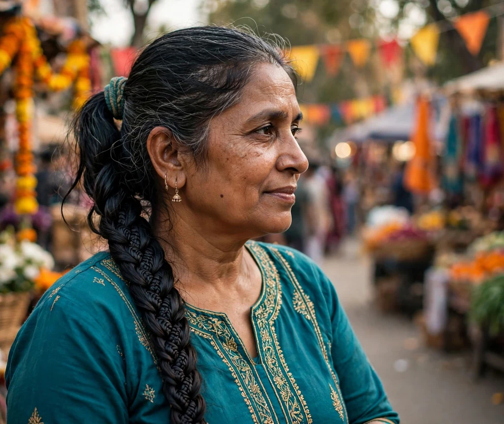 South Asian woman in her early fifties with a long braided ponytail with elegant weave at a festival