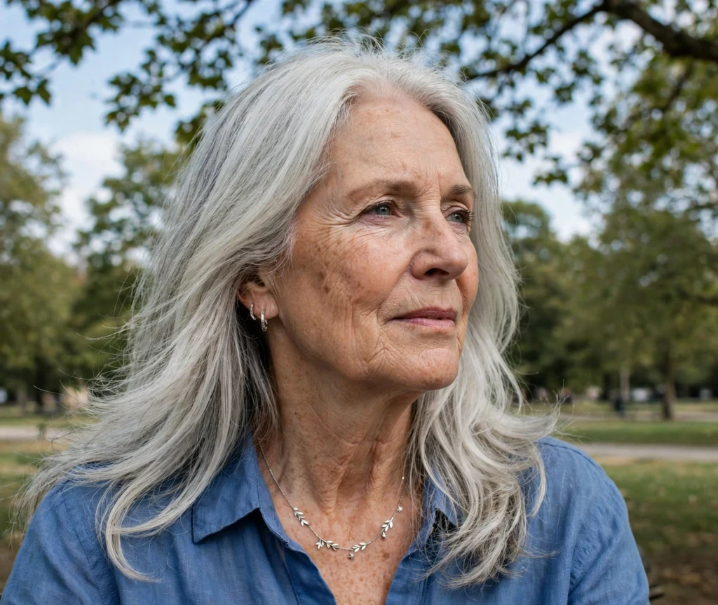 White woman in her late sixties with stunning long silver layered hair with shine in a park