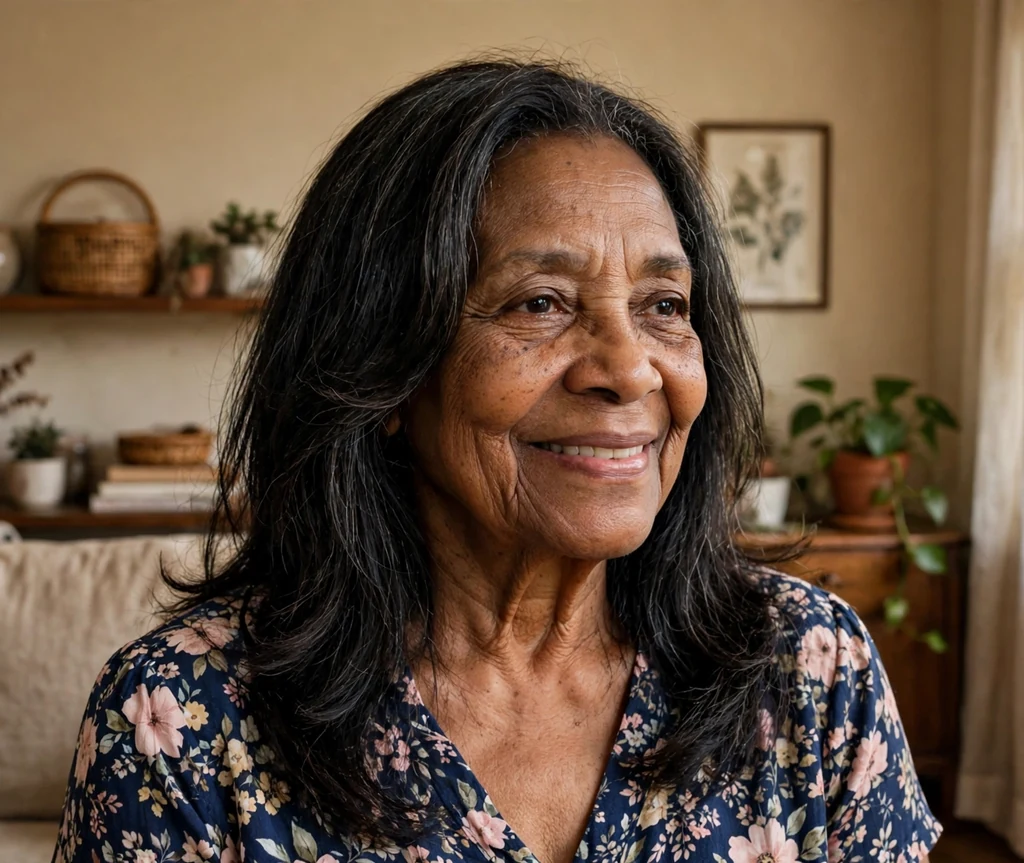 Black woman in her early seventies with long hair and gentle face-framing layers smiling warmly at home