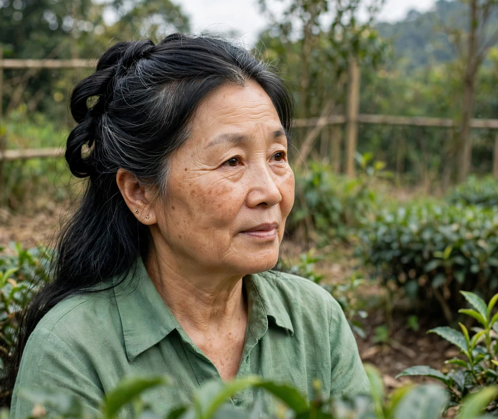 East Asian woman in her mid sixties with a long twisted half-up hairstyle in a tea garden