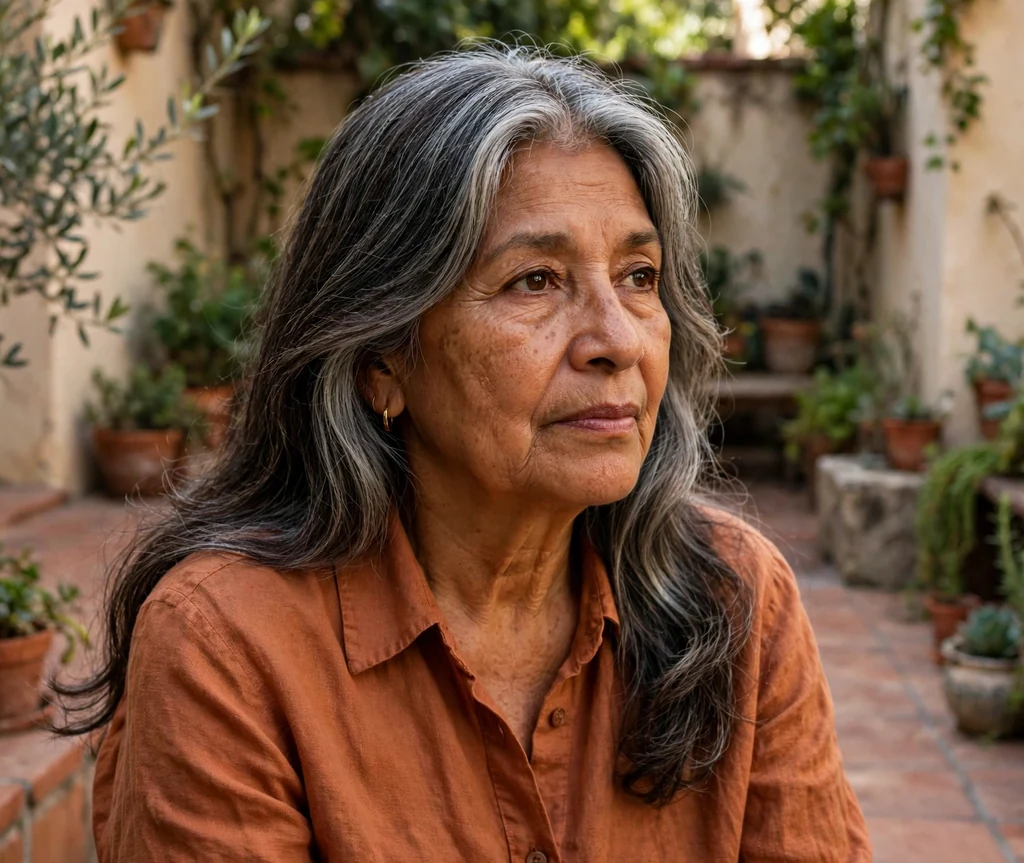 Latina woman in her late sixties with long curtain layers framing her face beautifully in a courtyard
