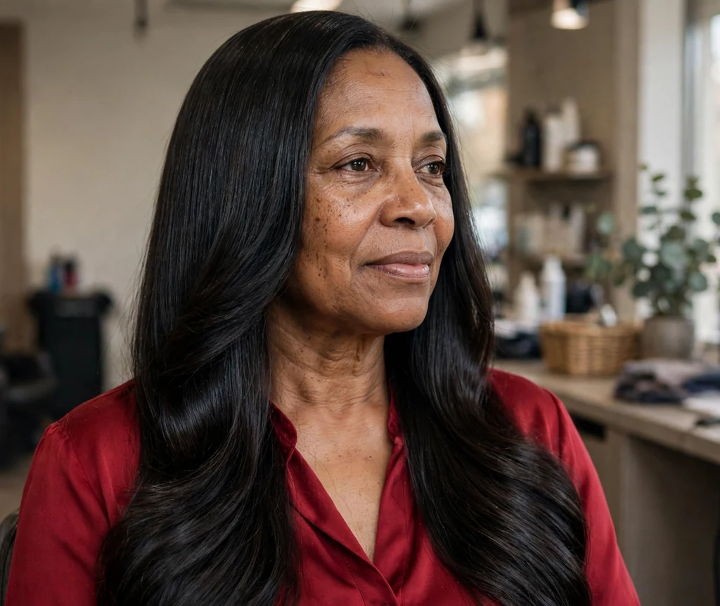 Black woman in her mid fifties with a timeless long silk-press with flowing movement in a salon