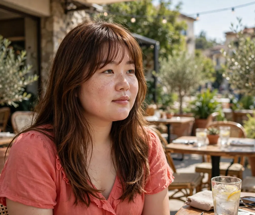 Woman with a round face and long chestnut brown layered hair with curtain bangs in a coral dress on a cafe terrace