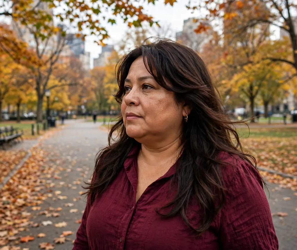 Woman with a round face and long dark brown feathered face-framing layers in a burgundy blouse in an autumn park