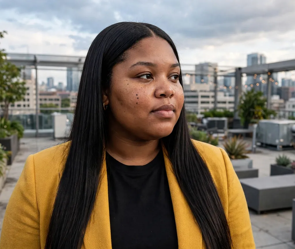 Woman with a round face and long sleek straight jet-black hair with a center part in a mustard blazer on a rooftop