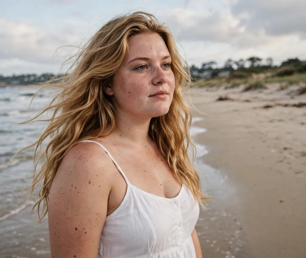Woman with a round face and long honey-blonde loose beach waves in a white sundress on a beach