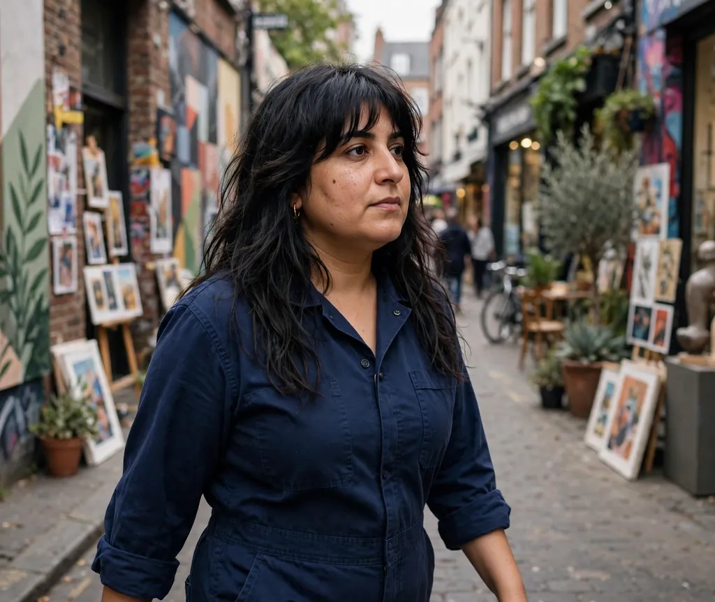 Woman with a round face and long dark shaggy hair with a curtain fringe in a navy jumpsuit on a city street