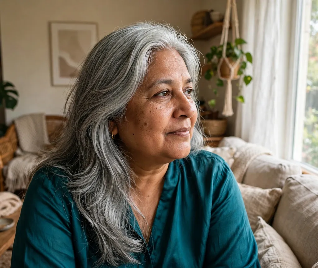 Woman with a round face and long silver-gray layered hair with a deep side part in a teal blouse at home