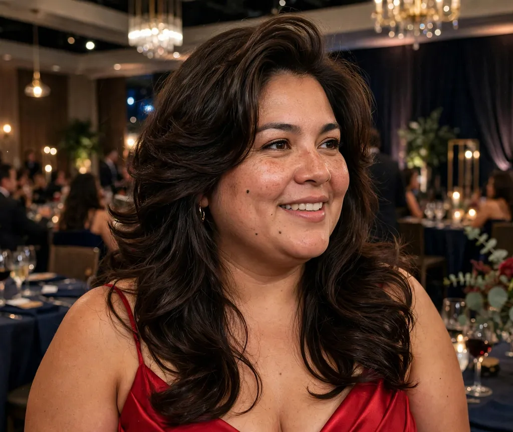 Woman with a round face and long dark brown voluminous blowout layers in a red cocktail dress at an event