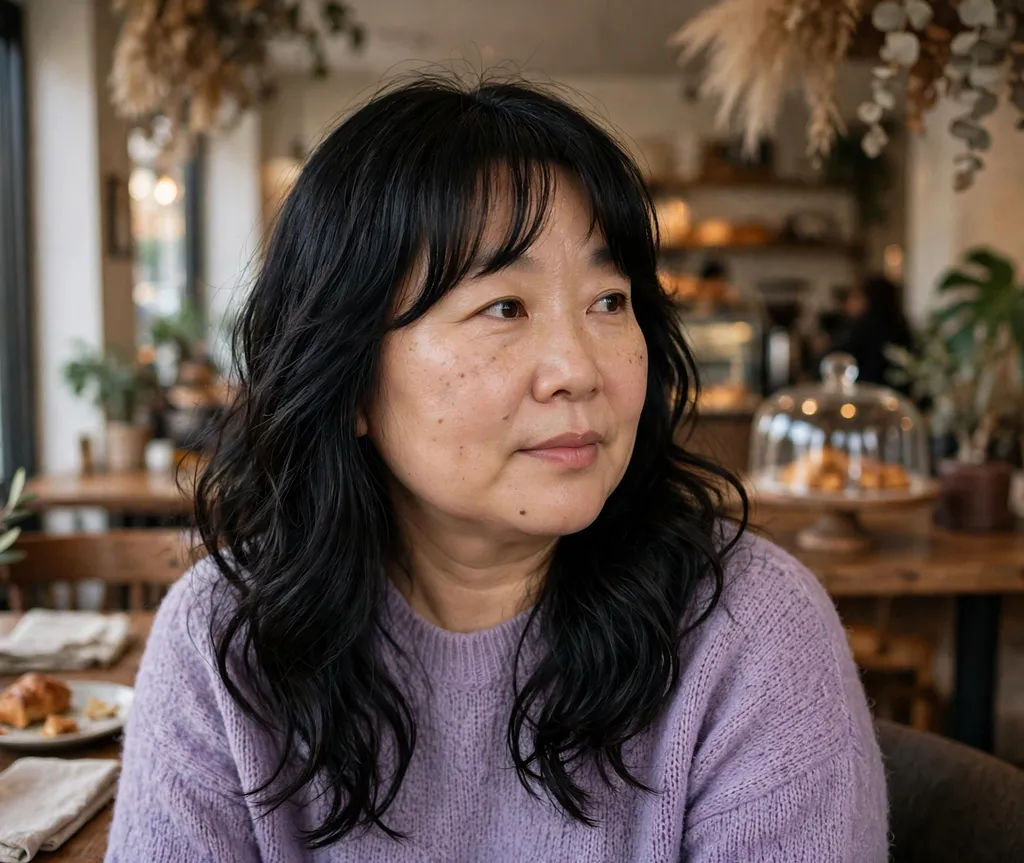 Woman with a round face and long black wavy hair with curtain bangs in a lavender sweater in a coffee shop