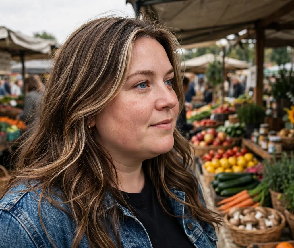 Woman with a round face and long brown hair with blonde face-framing highlights in a denim jacket at a farmers market
