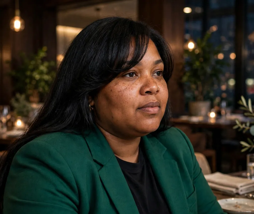Woman with a round face and long black hair with side-swept bangs in an emerald blazer at a restaurant