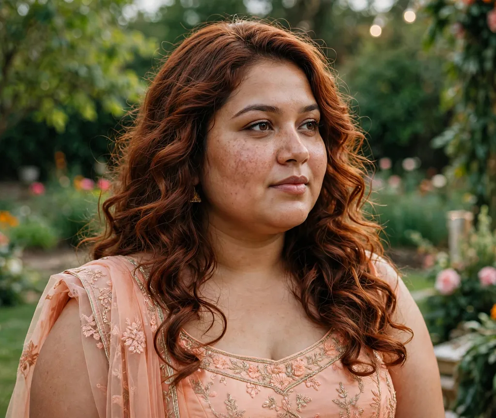 Woman with a round face and long auburn romantic loose curls in a peach festive dress in a wedding garden