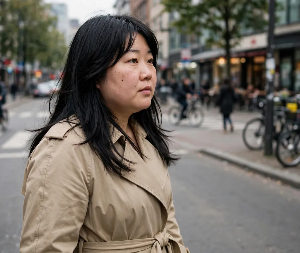 Woman with a round face and long blunt-cut black hair with subtle layers in a beige trench coat on a city street