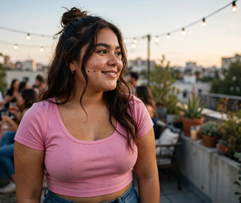 Woman with a round face and long dark brown hair in a half-up top knot with face-framing pieces in a pink top at a rooftop party