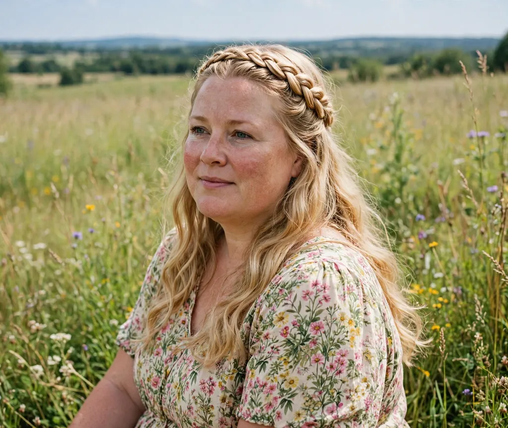 Woman with a round face and long blonde hair in a braided crown with flowing length in a floral maxi dress in a meadow