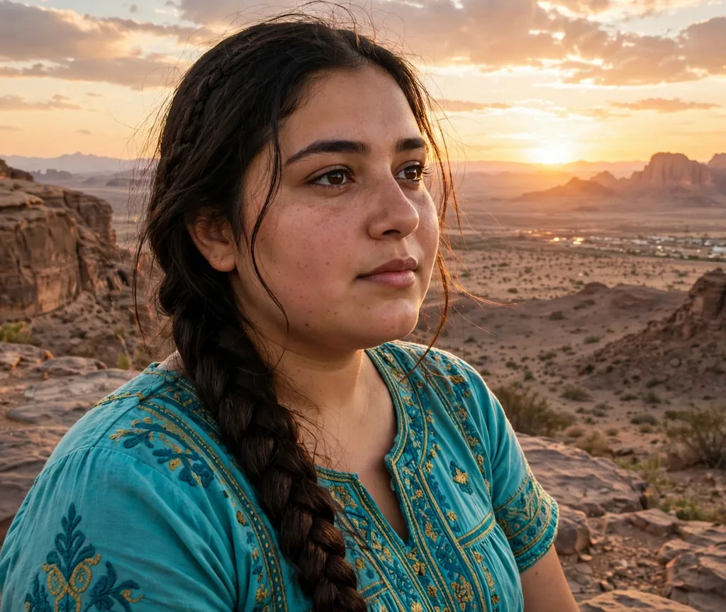 Woman with a round face and very long dark brown hair in a fishtail side braid over one shoulder in a turquoise dress at sunset