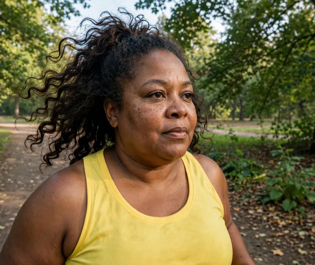 Woman with a round face and long curly hair in a messy high ponytail in a yellow athletic top on a park trail