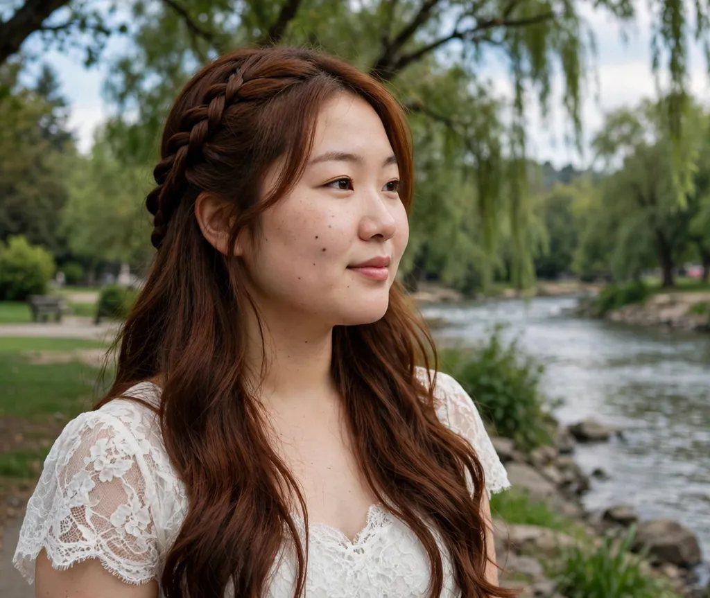 Woman with a round face and long chestnut hair in a waterfall braid with flowing length in a white lace dress by a river