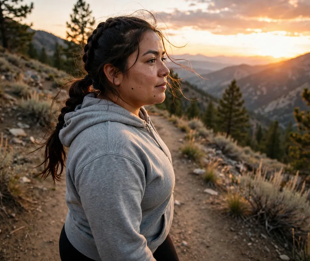 Woman with a round face and long dark brown hair in a dutch braid flowing into a ponytail in a gray hoodie on a mountain trail