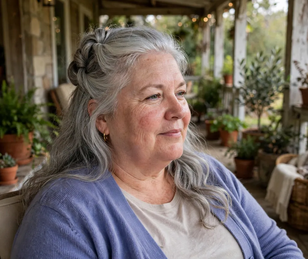 Woman with a round face and long silver-gray hair in a twisted half-up hairstyle in a periwinkle cardigan on a porch
