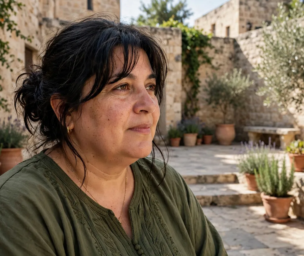 Woman with a round face and long dark hair in a loose low bun with curtain bangs in an olive kaftan in a courtyard