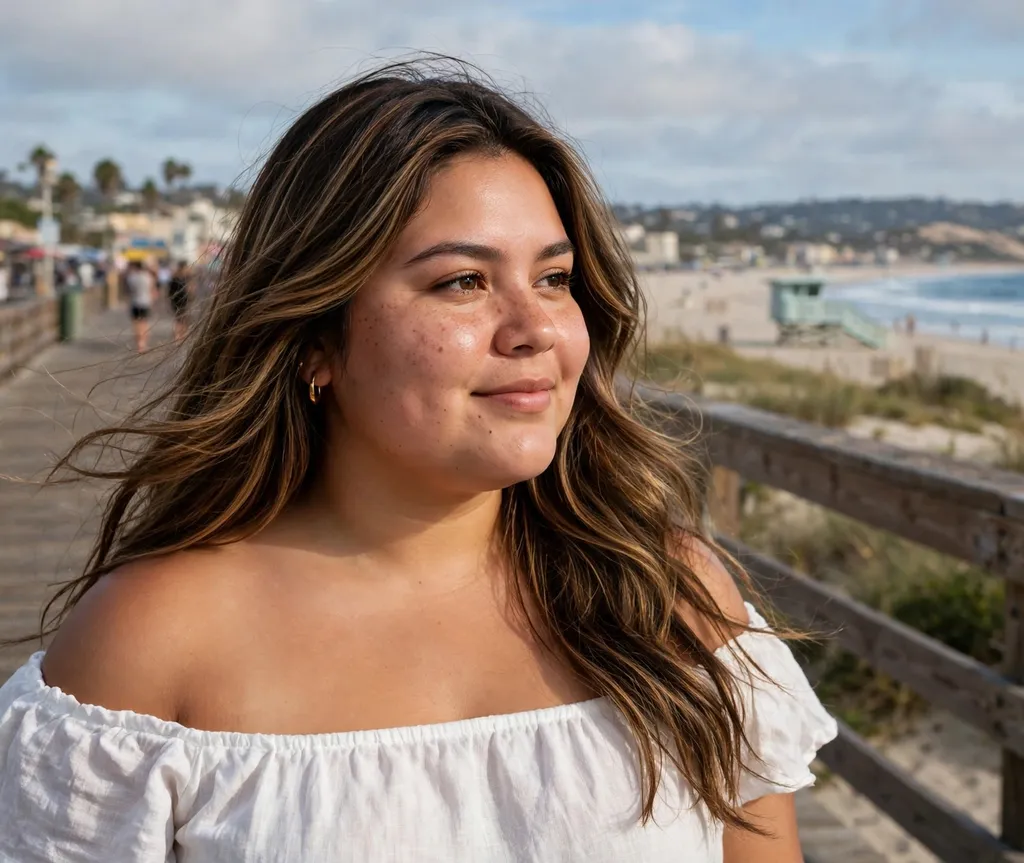 Woman with a round face and long layered brown hair with caramel balayage in a white off-shoulder top on a boardwalk