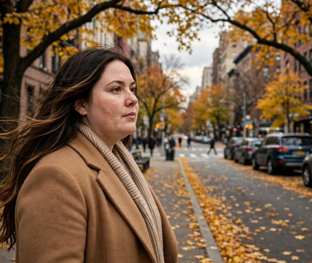 Woman with a round face and long dark brown hair with caramel ribbon highlights in a camel coat on a fall street