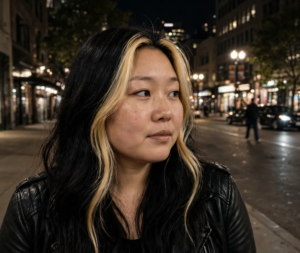 Woman with a round face and long black hair with bold blonde money-piece highlights in a black leather jacket on a night street